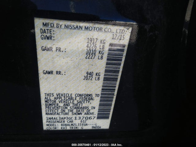 2016 NISSAN ALTIMA 2.5 SV VIN: 1N4AL3AP3GC137067
