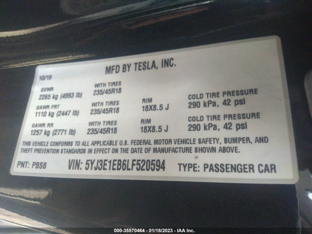 Tesla Model 3 Long Range 2020 5YJ3E1EB6LF520594 Image 9
