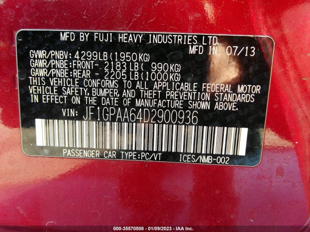 2013 SUBARU IMPREZA WAGON 2.0I VIN: JF1GPAA64D2900936