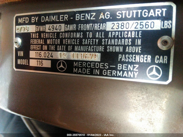 1978 MERCEDES-BENZ 280 SE VIN: 11602412110679