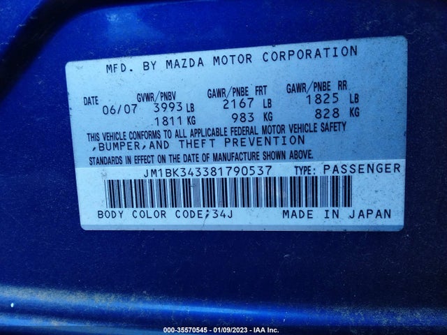 2008 MAZDA MAZDA3 S SPORT *LTD AVAIL* VIN: JM1BK343381790537