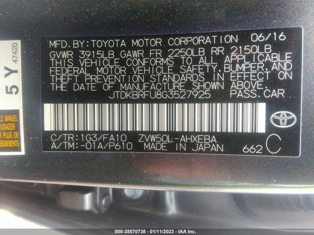 2016 Toyota Prius, VIN: JTDKBRFU8G3527925
