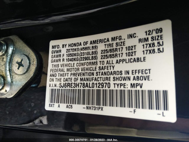 2010 HONDA CR-V EX-L VIN: 5J6RE3H78AL012970