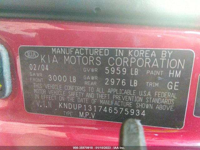 2004 KIA SEDONA LX/EX VIN: KNDUP131746575934