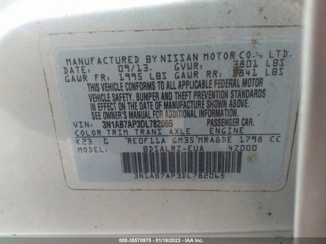 2013 NISSAN SENTRA SR VIN: 3N1AB7AP3DL782065