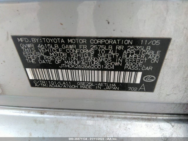JTHCK262662001404 Lexus Is 250 Auto