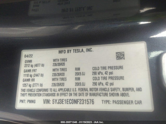 Tesla Model 3 Performance 2022 5YJ3E1EC0NF231576 Image 9