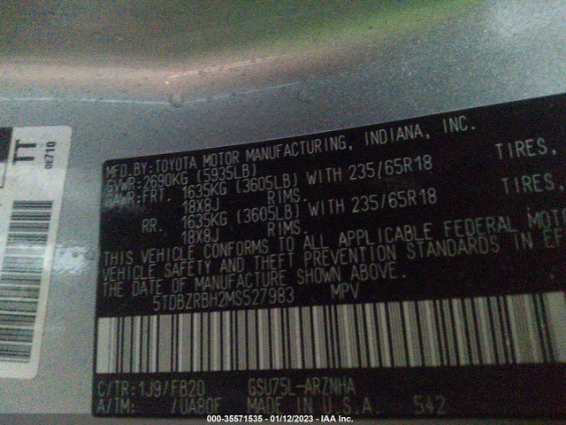 2021 TOYOTA HIGHLANDER L/LE VIN: 5TDBZRBH2MS527983