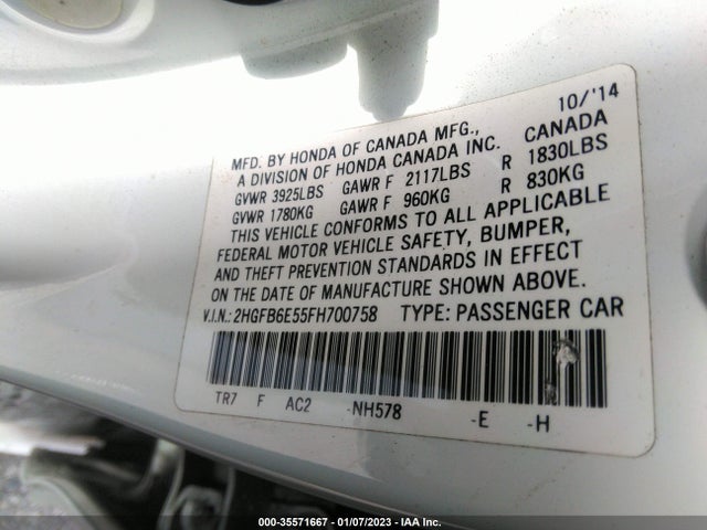 2015 HONDA CIVIC SEDAN SI VIN: 2HGFB6E55FH700758