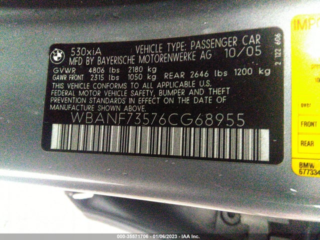 2006 BMW 5 SERIES 530XI VIN: WBANF73576CG68955