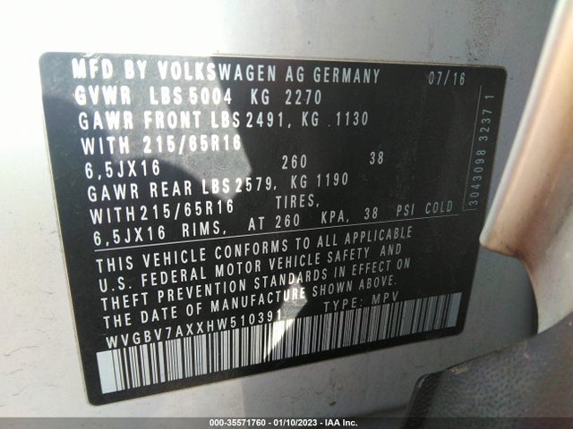 2017 Volkswagen Tiguan, VIN: WVGBV7AXXHW510391