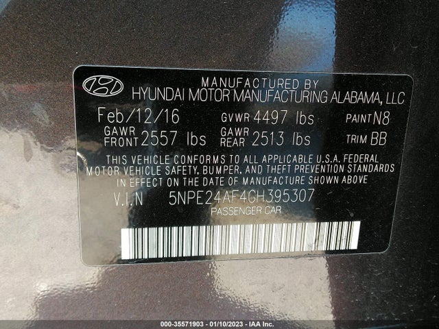 2016 HYUNDAI SONATA 2.4L VIN: 5NPE24AF4GH395307