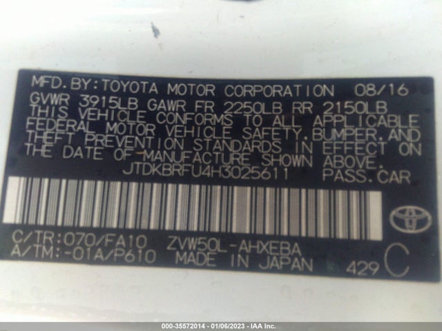 2017 Toyota Prius, VIN: JTDKBRFU4H3025611