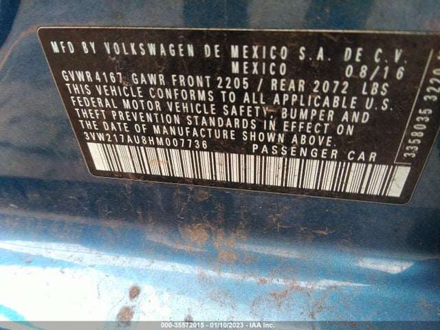 3VW217AU8HM007736 Volkswagen GOLF S