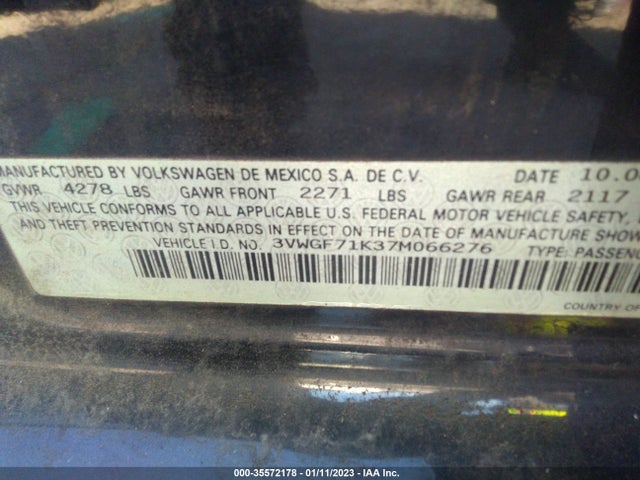 Volkswagen JETTA SEDAN 2007 3VWGF71K37M066276 Image 9