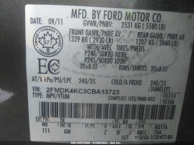 2012 FORD EDGE LIMITED VIN: 2FMDK4KC3CBA13723
