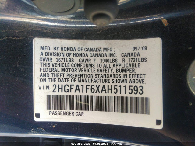 2010 HONDA CIVIC SDN LX-S VIN: 2HGFA1F6XAH511593