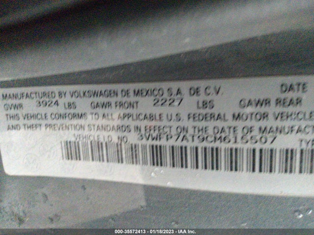 2012 VOLKSWAGEN BEETLE ENTRY PZEV VIN: 3VWFP7AT9CM615507