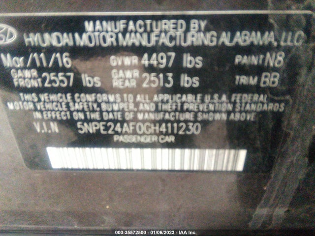 2016 HYUNDAI SONATA 2.4L VIN: 5NPE24AF0GH411230