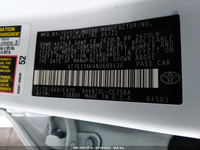 2022 Toyota Camry, VIN: 4T1G11AK4NU699436