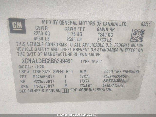 2011 CHEVROLET EQUINOX LT W/1LT VIN: 2CNALDEC8B6399431