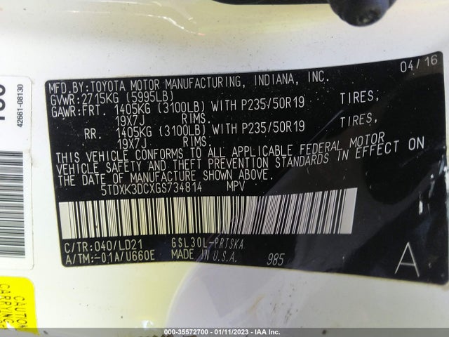 2016 Toyota Sienna, VIN: 5TDXK3DCXGS734814