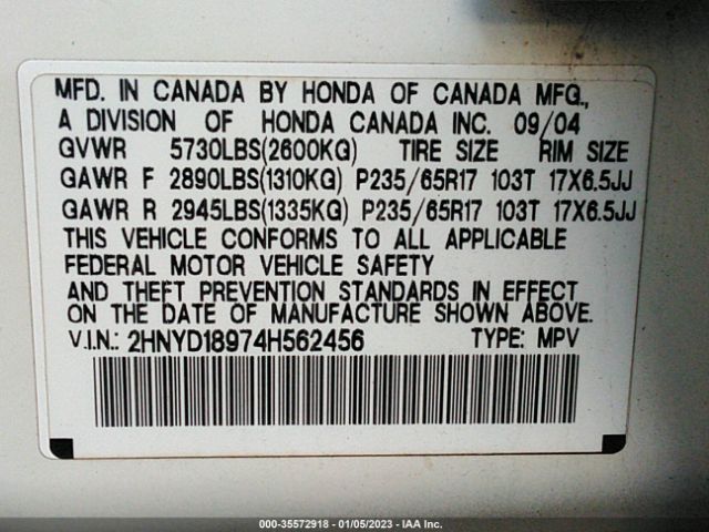 2HNYD18974H562456 Acura Mdx Touring Pkg Res W/nav