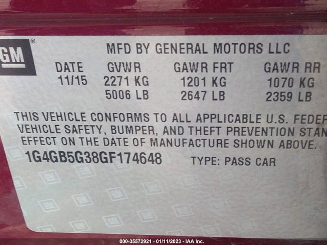 2016 Buick LaCrosse, VIN: 1G4GB5G38GF174648