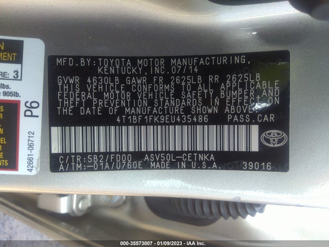 2014 TOYOTA CAMRY L/LE/XLE/SE/SE SPORT VIN: 4T1BF1FK9EU435486