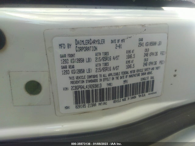 2001 CHRYSLER TOWN & COUNTRY LIMITED VIN: 2C8GP64L41R269013
