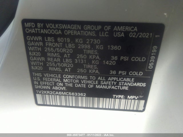 1V2KR2CA6MC563362 Volkswagen Atlas 3.6l V6 Se W/technology