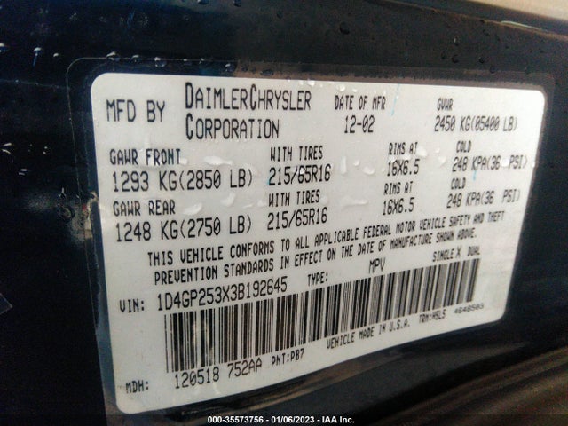 2003 DODGE CARAVAN SE VIN: 1D4GP253X3B192645