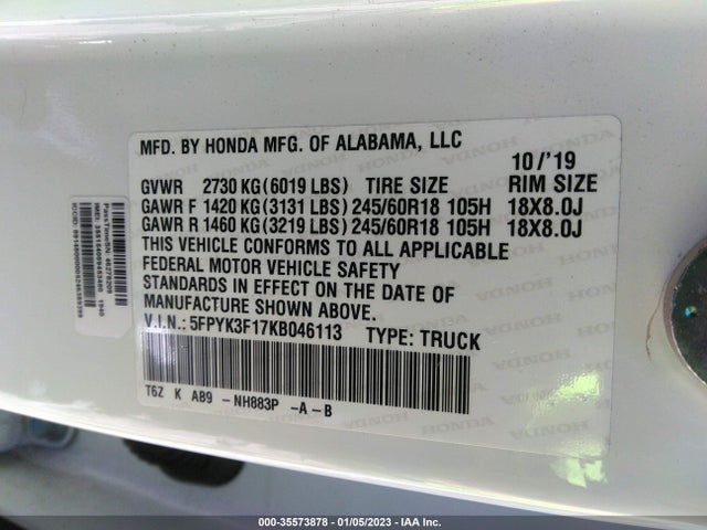 2019 Honda Ridgeline, VIN: 5FPYK3F17KB046113