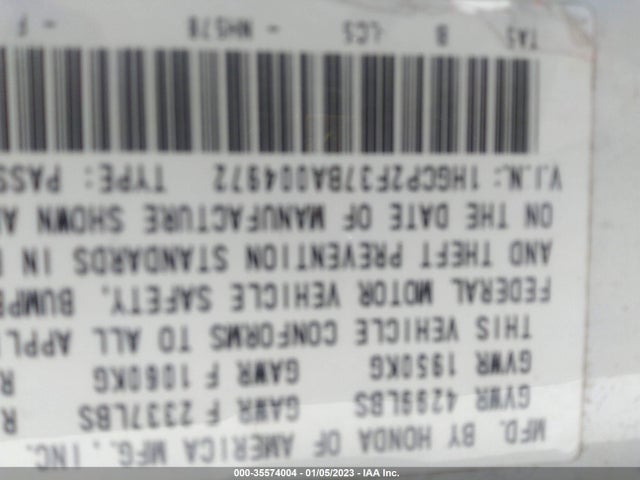 2011 HONDA ACCORD SDN LX VIN: 1HGCP2F37BA004972