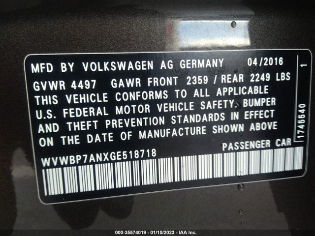 2016 Volkswagen CC, VIN: WVWBP7ANXGE518718
