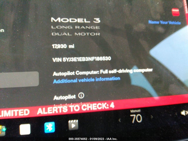 2022 TESLA MODEL 3 LONG RANGE VIN: 5YJ3E1EB3NF186530