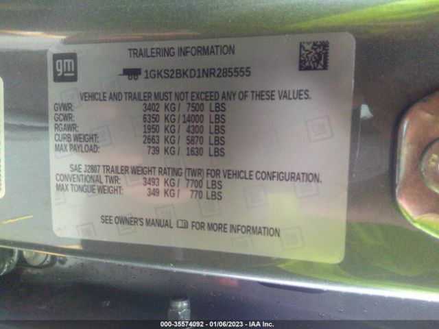 1GKS2BKD1NR285555 GMC YUKON SLT