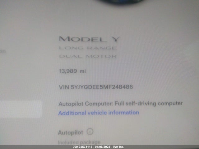 2021 TESLA MODEL Y LONG RANGE VIN: 5YJYGDEE5MF248486