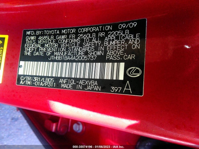 2010 LEXUS HS 250H VIN: JTHBB1BA4A2005737