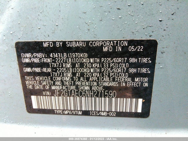 2022 SUBARU CROSSTREK PREMIUM VIN: JF2GTAEC6NH271590
