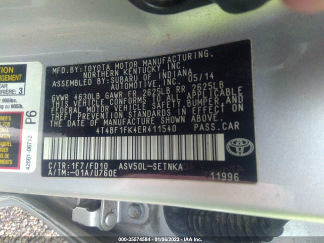 2014 TOYOTA CAMRY L/LE/XLE/SE/SE SPORT VIN: 4T4BF1FK4ER411540