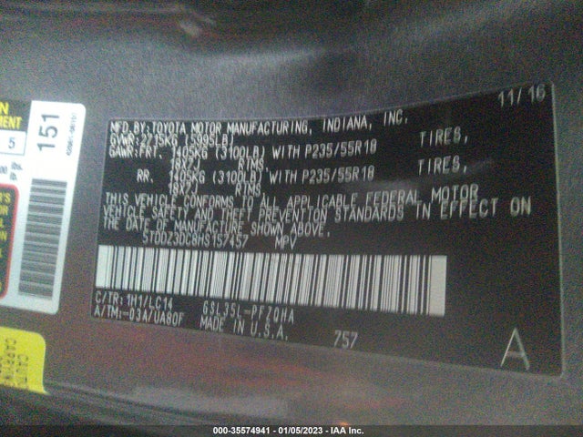 2017 TOYOTA SIENNA XLE VIN: 5TDDZ3DC8HS157457