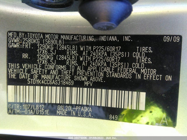2010 TOYOTA SIENNA XLE VIN: 5TDYK4CC6AS318469