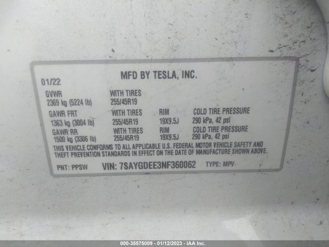 2022 Tesla Model Y, VIN: 7SAYGDEE3NF360062