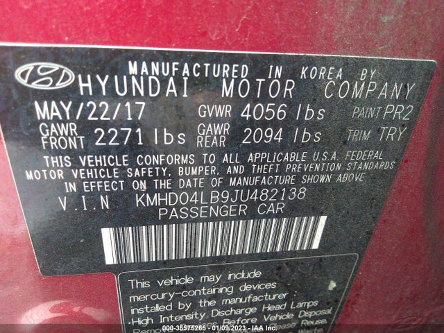 2018 Hyundai Elantra, VIN: KMHD04LB9JU482138