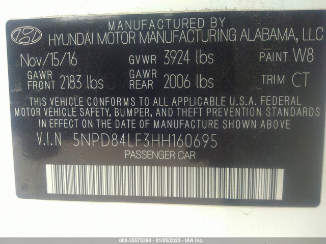 2017 HYUNDAI ELANTRA VALUE EDITION VIN: 5NPD84LF3HH160695