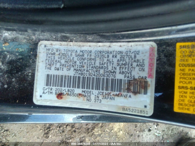 2002 LEXUS IS 300 VIN: JTHBD192420063076