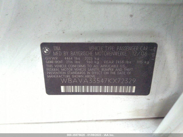 2007 BMW 3 SERIES 328I VIN: WBAVA33547KX72329