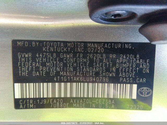 2020 Toyota Camry Se მანქანა იყიდება აუქციონზე, vin: 4T1G11AK6LU940796, აუქციონის ნომერი: 35575678