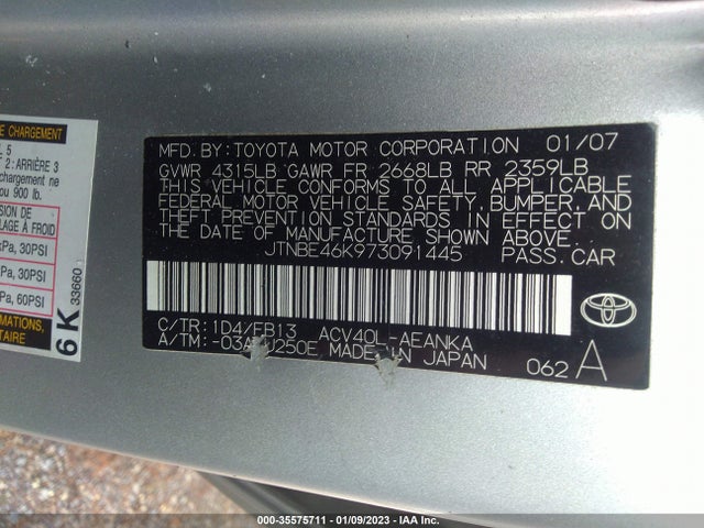 2007 TOYOTA CAMRY CE/LE/SE/XLE VIN: JTNBE46K973091445